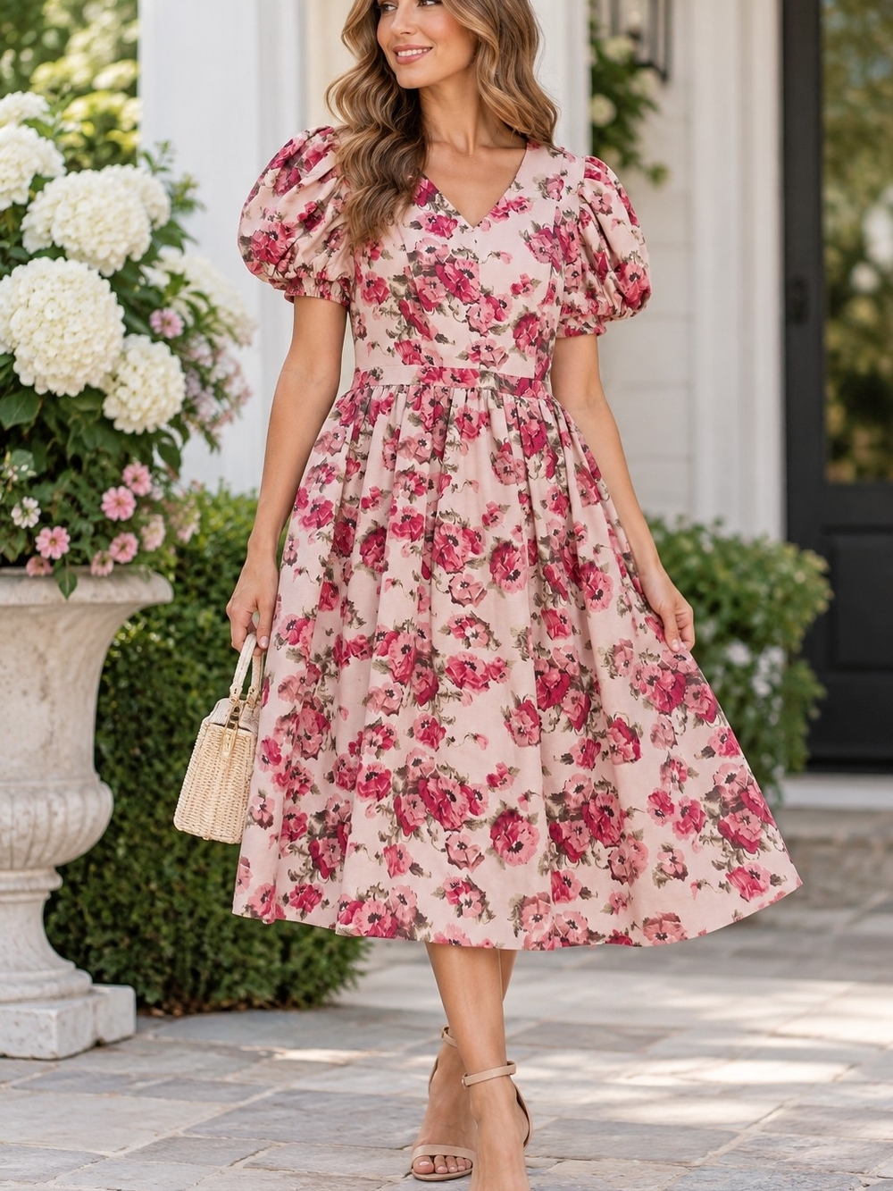 Rachel Parcell Pink Floral Fit&Flare Puff-Sleeve Midi Dress SzL Romantic Party
